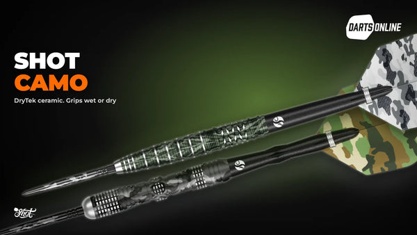 Shot Camo darts: the Ghillie and Longshot steel tip darts crossing on a dark green stage
