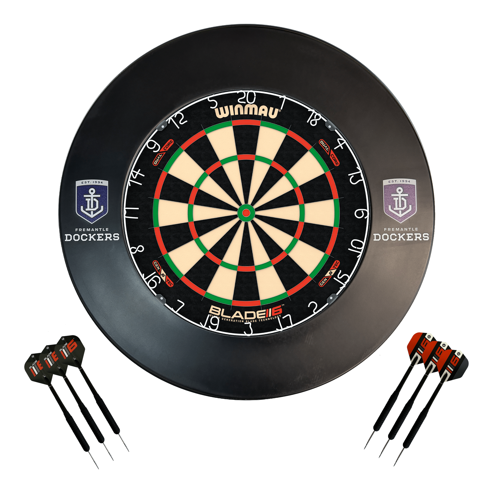 AFL Blade 6 Dartboard, Official AFL Surround & Darts - Complete Darts Set Blade 6 Dual Core / Fremantle Dockers Boards