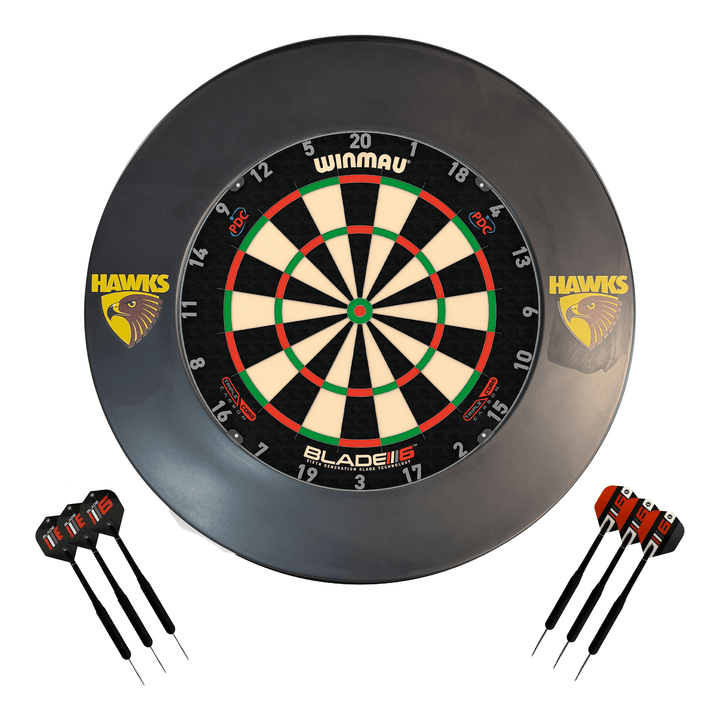AFL Blade 6 Dartboard, Official AFL Surround & Darts - Complete Darts Set Blade 6 Triple Core / Hawthorn Hawks Boards