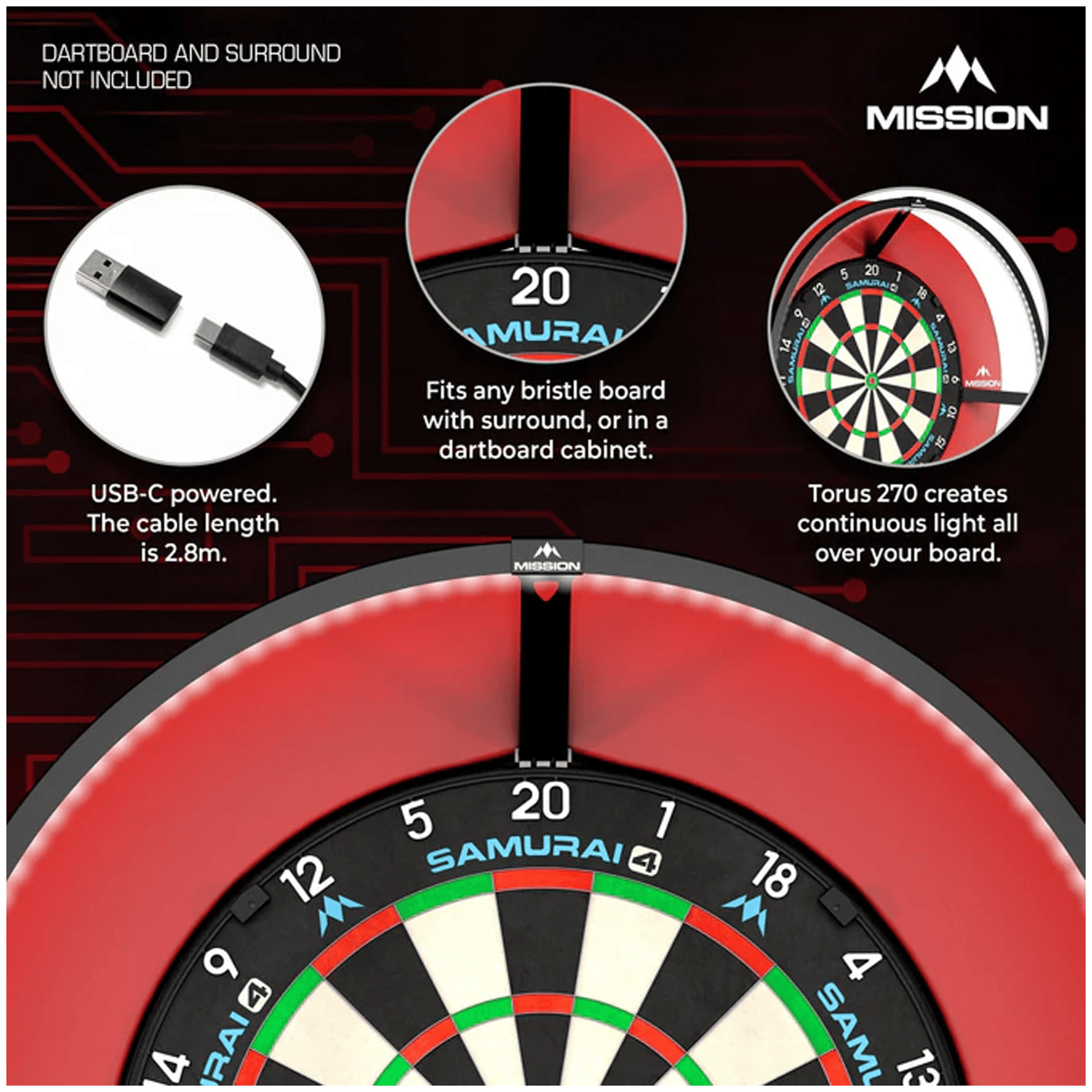 dartsonlinecomau Samurai 4 Dartboard, Surround & Torus 100 Light Bundle product