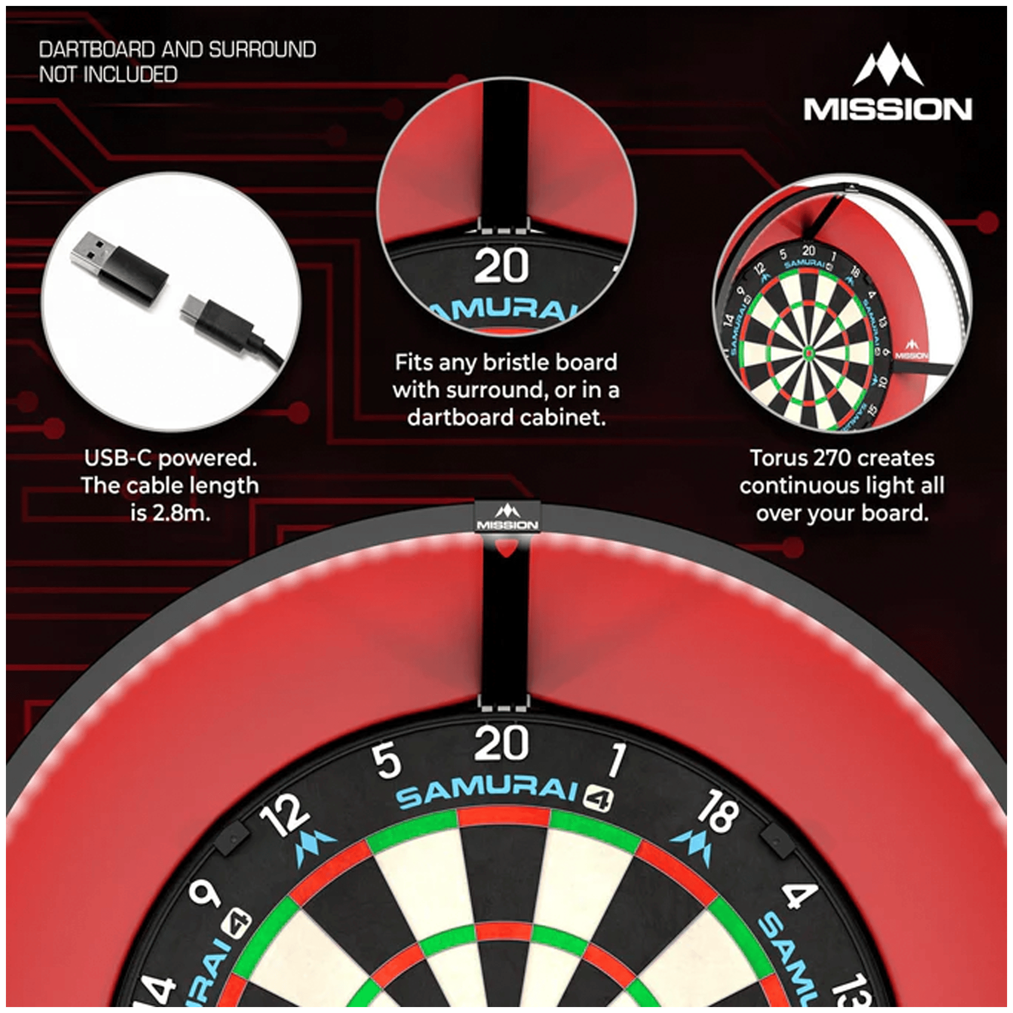 dartsonlinecomau Samurai 4 Dartboard, Surround & Torus 100 Light Bundle product