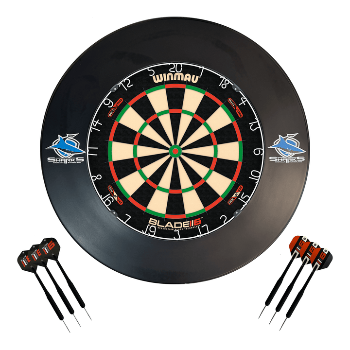 NRL Blade 6 Dartboard, Official NRL Surround & Darts - Complete Darts Set Blade 6 Dual Core / Cronulla Sharks Boards