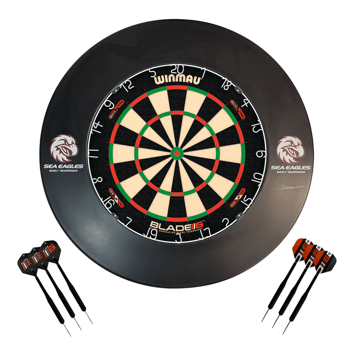 NRL Blade 6 Dartboard, Official NRL Surround & Darts - Complete Darts Set Blade 6 Dual Core / Manly Sea Eagles Boards