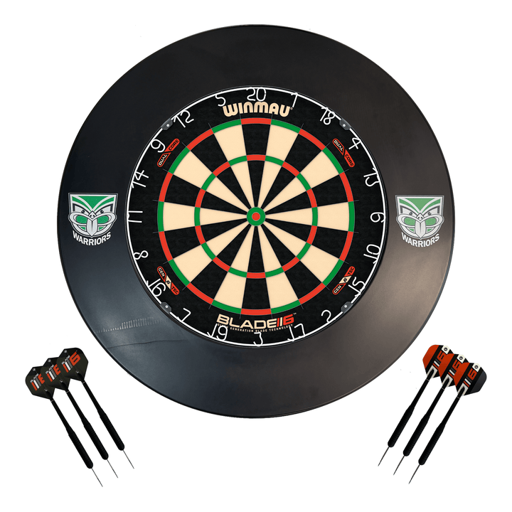 NRL Blade 6 Dartboard, Official NRL Surround & Darts - Complete Darts Set Blade 6 Dual Core / New Zealand Warriors Boards