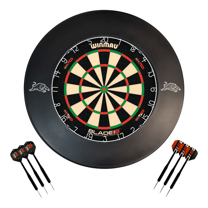 NRL Blade 6 Dartboard, Official NRL Surround & Darts - Complete Darts Set Blade 6 Dual Core / Penrith Panthers Boards