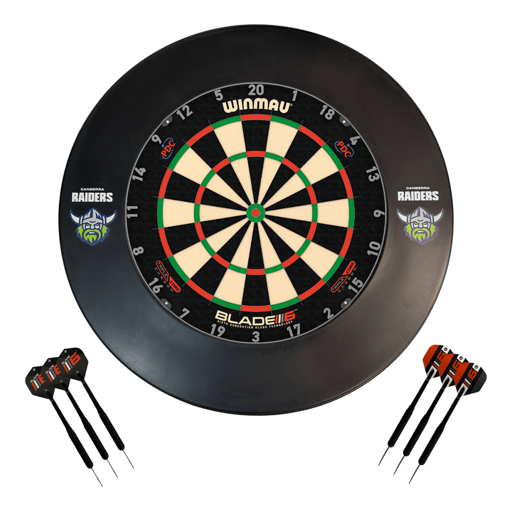 NRL Blade 6 Dartboard, Official NRL Surround & Darts - Complete Darts Set Blade 6 Triple Core / Canberra Raiders Boards