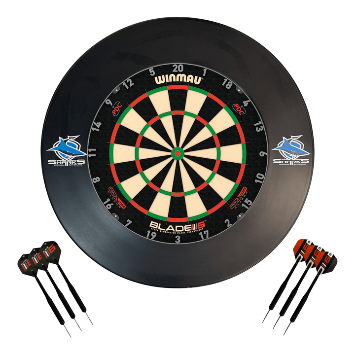 NRL Blade 6 Dartboard, Official NRL Surround & Darts - Complete Darts Set Blade 6 Triple Core / Cronulla Sharks Boards