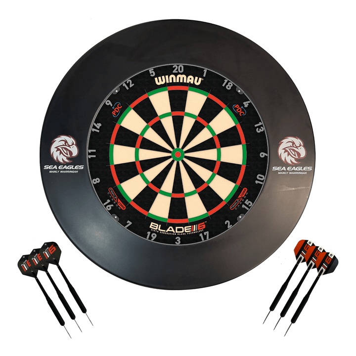 NRL Blade 6 Dartboard, Official NRL Surround & Darts - Complete Darts Set Blade 6 Triple Core / Manly Sea Eagles Boards
