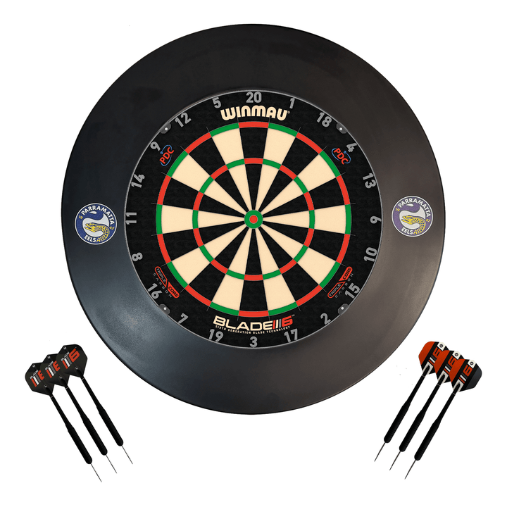 NRL Blade 6 Dartboard, Official NRL Surround & Darts - Complete Darts Set Blade 6 Triple Core / Parramatta Eels Boards