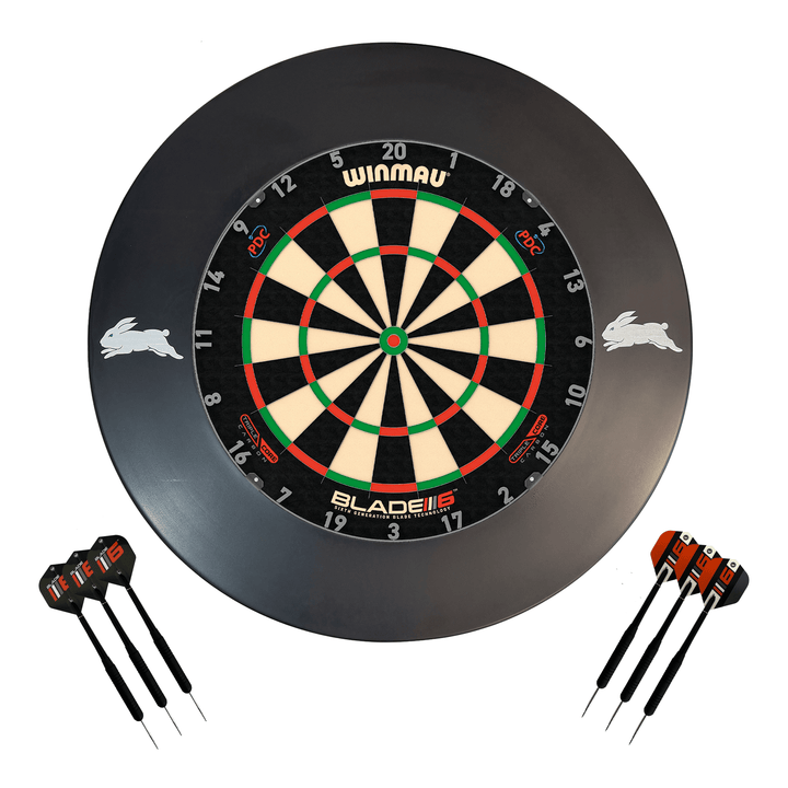 NRL Blade 6 Dartboard, Official NRL Surround & Darts - Complete Darts Set Blade 6 Triple Core / South Sydney Rabbitohs Boards