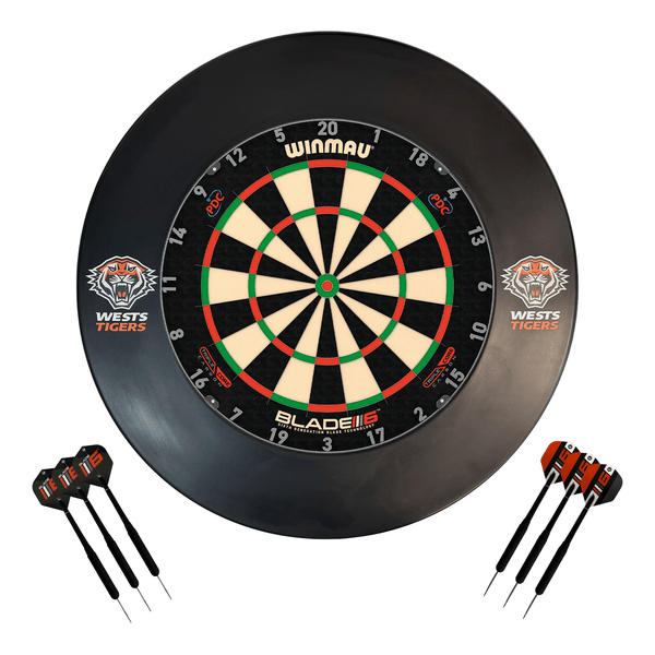NRL Blade 6 Dartboard, Official NRL Surround & Darts - Complete Darts Set Blade 6 Triple Core / West Sydney Tigers Boards