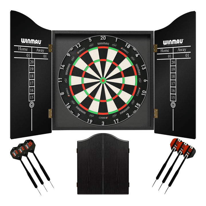 Winmau Blade 6 Dartboard, Cabinet & Darts - Complete Darts Set Blade 360 / Black Boards
