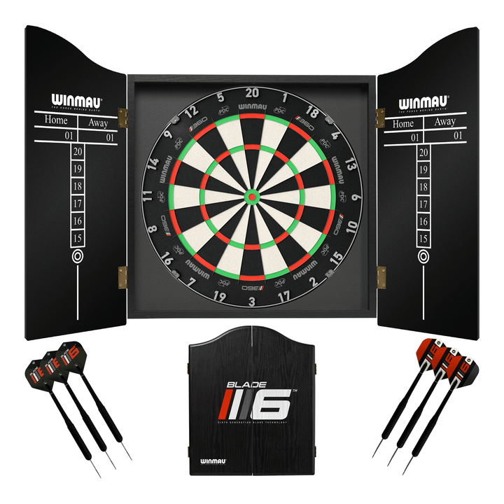 Winmau Blade 6 Dartboard, Cabinet & Darts - Complete Darts Set Blade 360 / Blade 6 Boards