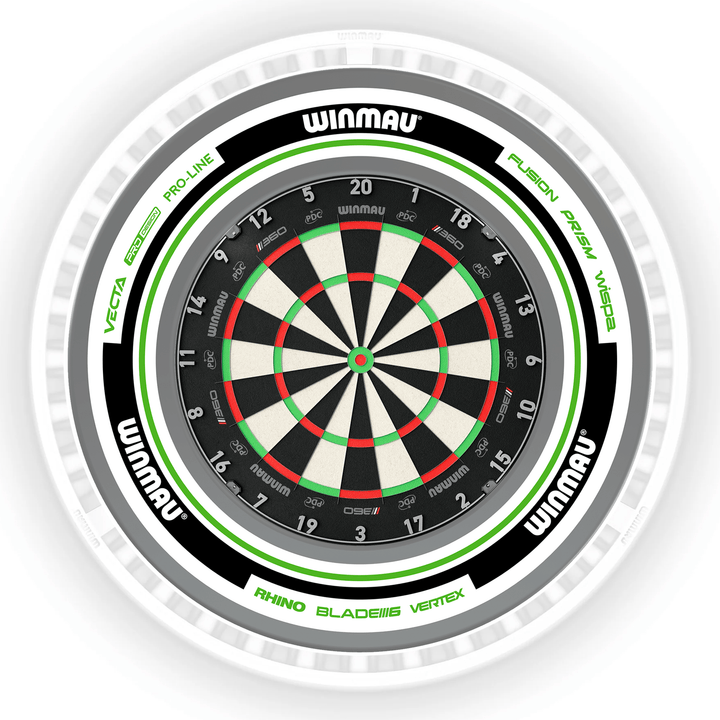 Winmau Blade 6 Dartboard, Surround & Ice White Plasma Light Bundle Blade 360 / Advance White/Green / Winmau Plasma Ice White Boards