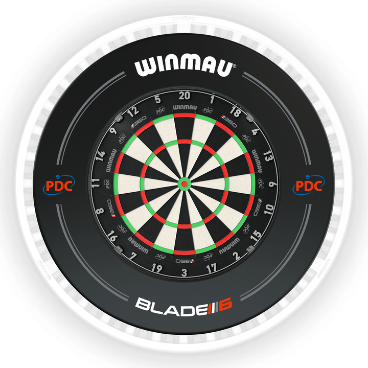 Winmau Blade 6 Dartboard, Surround & Ice White Plasma Light Bundle Blade 360 / PDC Black / Winmau Plasma Ice White Boards