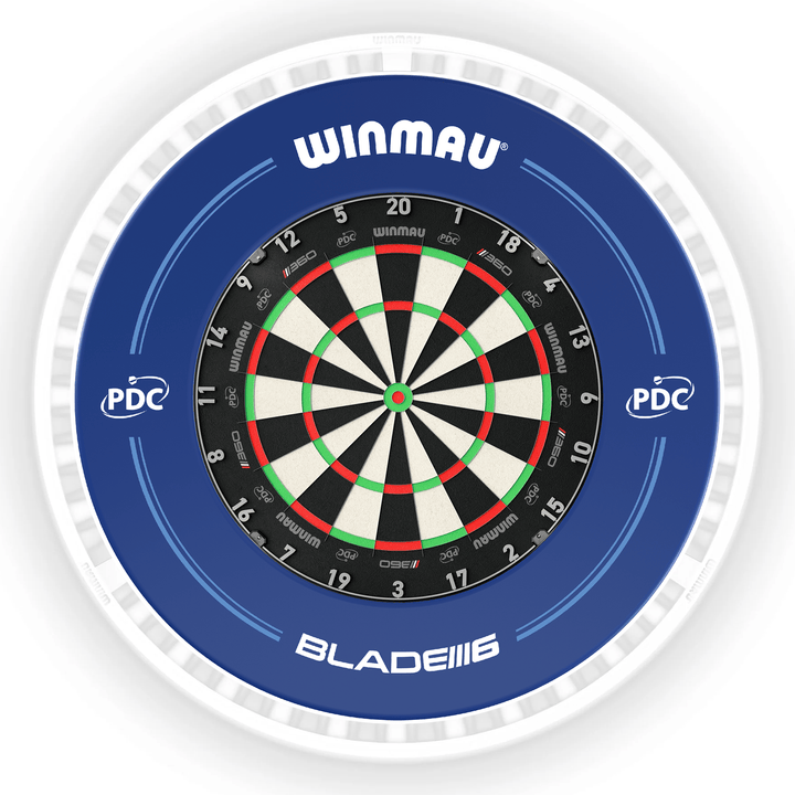 Winmau Blade 6 Dartboard, Surround & Ice White Plasma Light Bundle Blade 360 / PDC Blue / Winmau Plasma Ice White Boards