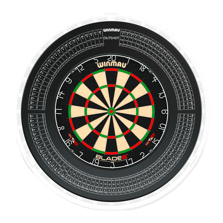 Winmau Blade 6 Dartboard, Surround & Ice White Plasma Light Bundle Blade 6 / Out Shot / Winmau Plasma Ice White Boards