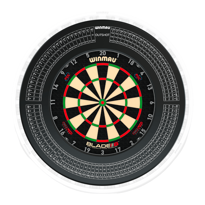 Winmau Blade 6 Dartboard, Surround & Ice White Plasma Light Bundle Blade 6 Triple Core / Out Shot / Winmau Plasma Ice White Boards