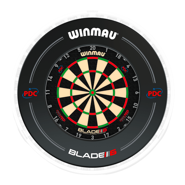 Winmau Blade 6 Dartboard, Surround & Ice White Plasma Light Bundle Blade 6 Triple Core / PDC Black / Winmau Plasma Ice White Boards