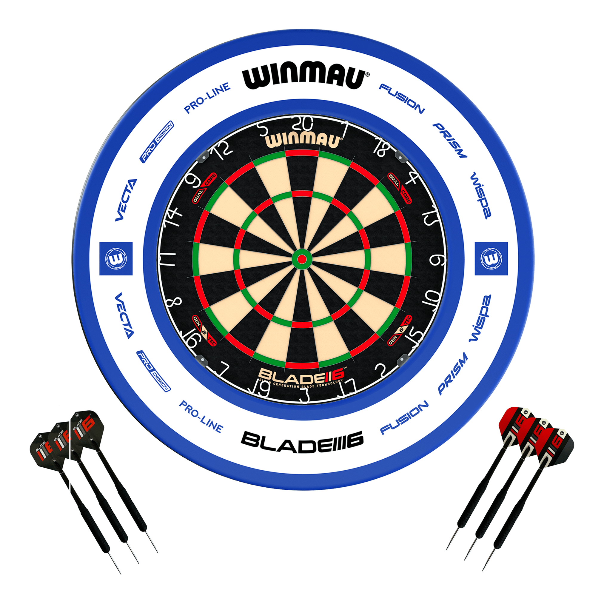 Winmau Blade 6 Dual Core Dartboard, Surround & Darts - Complete Darts Set Blade 6 Dual Core / Pro 2.0 Blue Boards