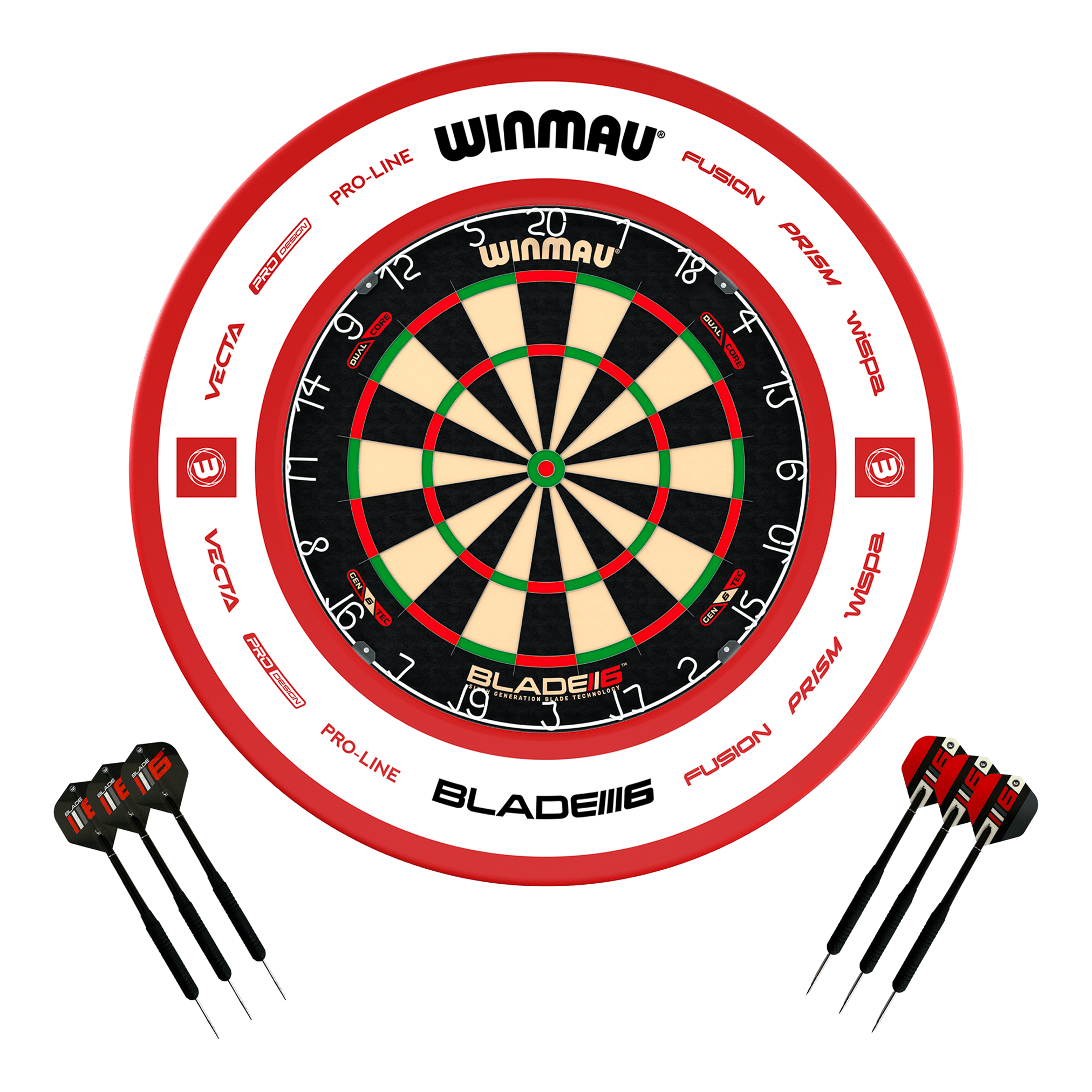 Winmau Blade 6 Dual Core Dartboard, Surround & Darts - Complete Darts Set Blade 6 Dual Core / Pro 2.0 Red Boards