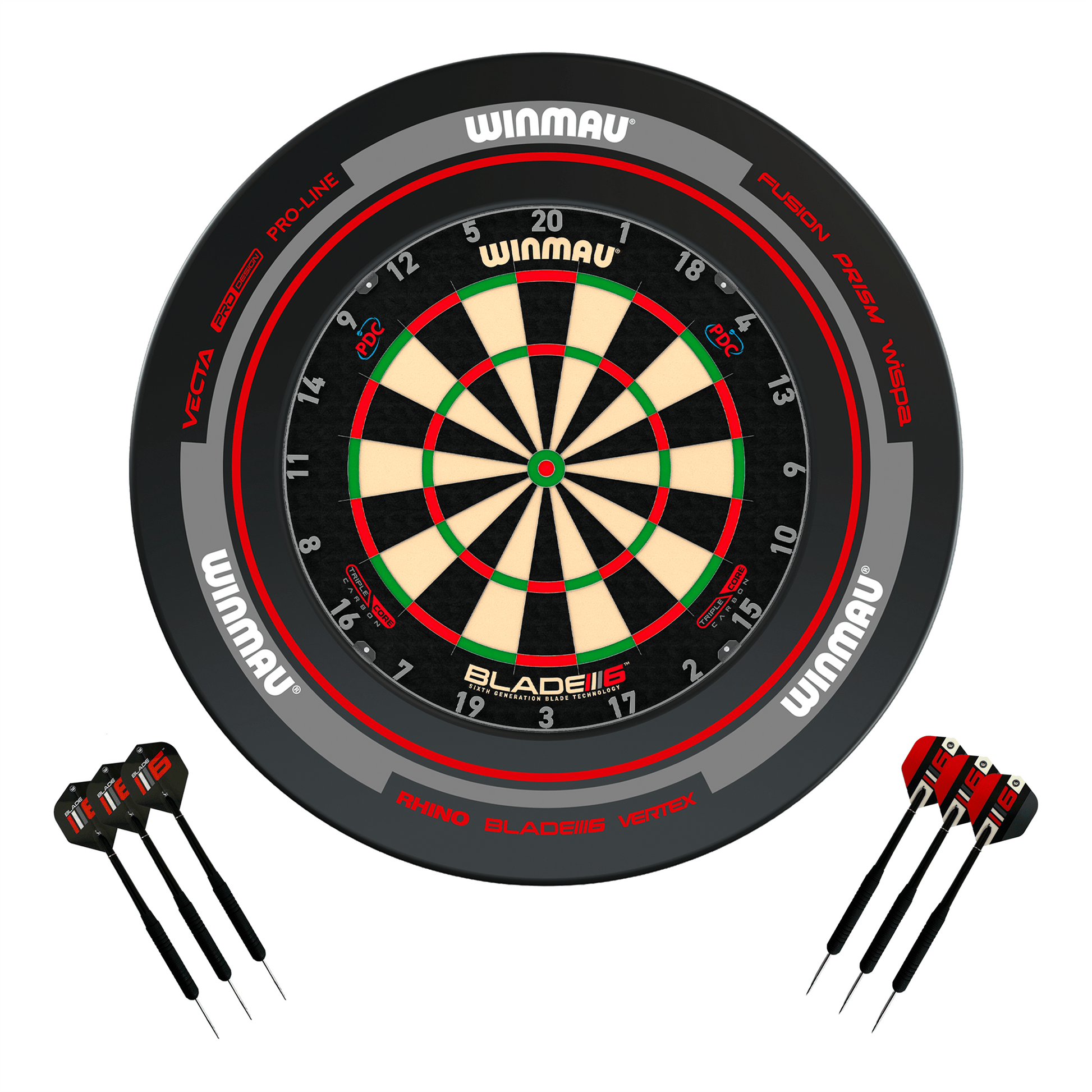 Winmau Blade 6 Triple Core Dartboard, Surround & Darts - Complete Darts Set Blade 6 Triple Core / Advance Black/Red Boards