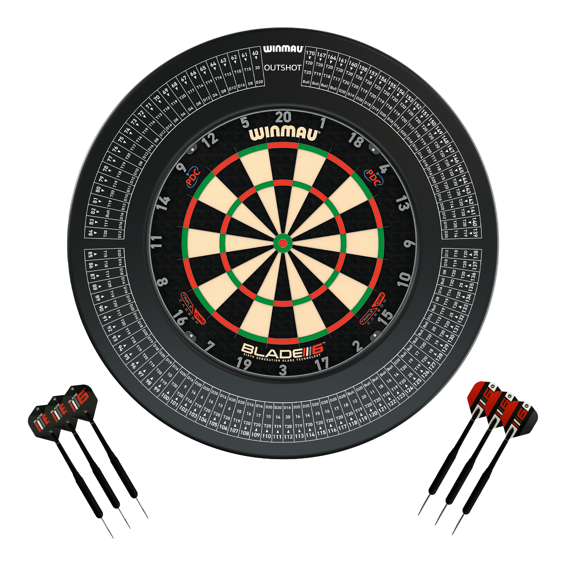 Winmau Blade 6 Triple Core Dartboard, Surround & Darts - Complete Darts Set Blade 6 Triple Core / Out Shot Boards